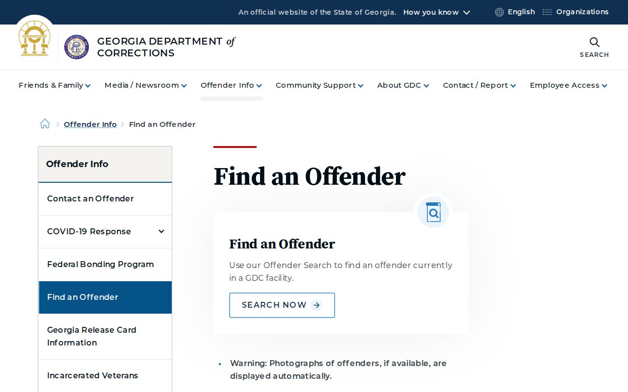 Georgia Department of Corrections Find an Offender page