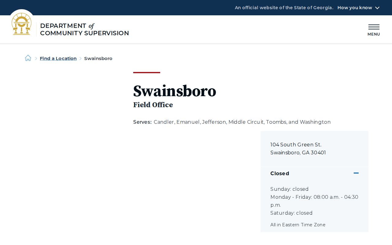 Jefferson County parole and probation Swainsboro DCS office listing